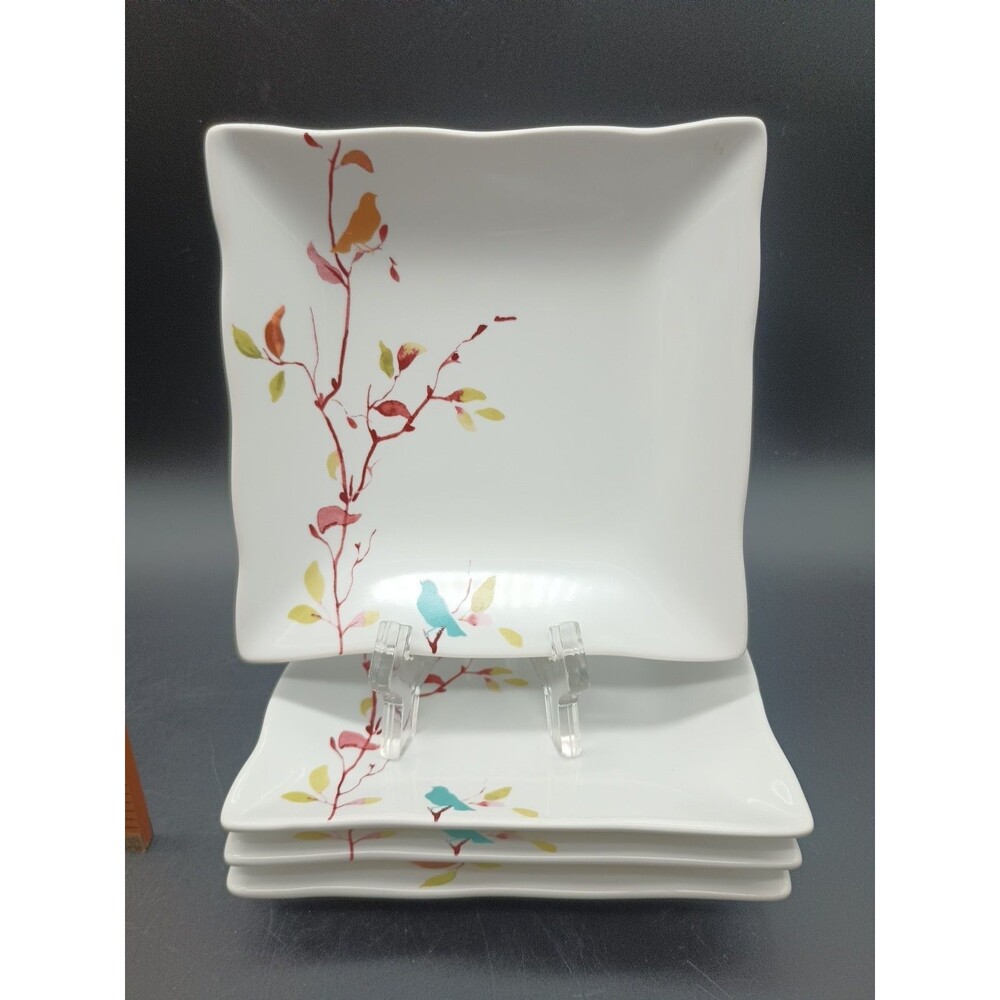222 Fifth Egremont Square Appetizer Plates Bread Desert Birds Colorful Set Of 4